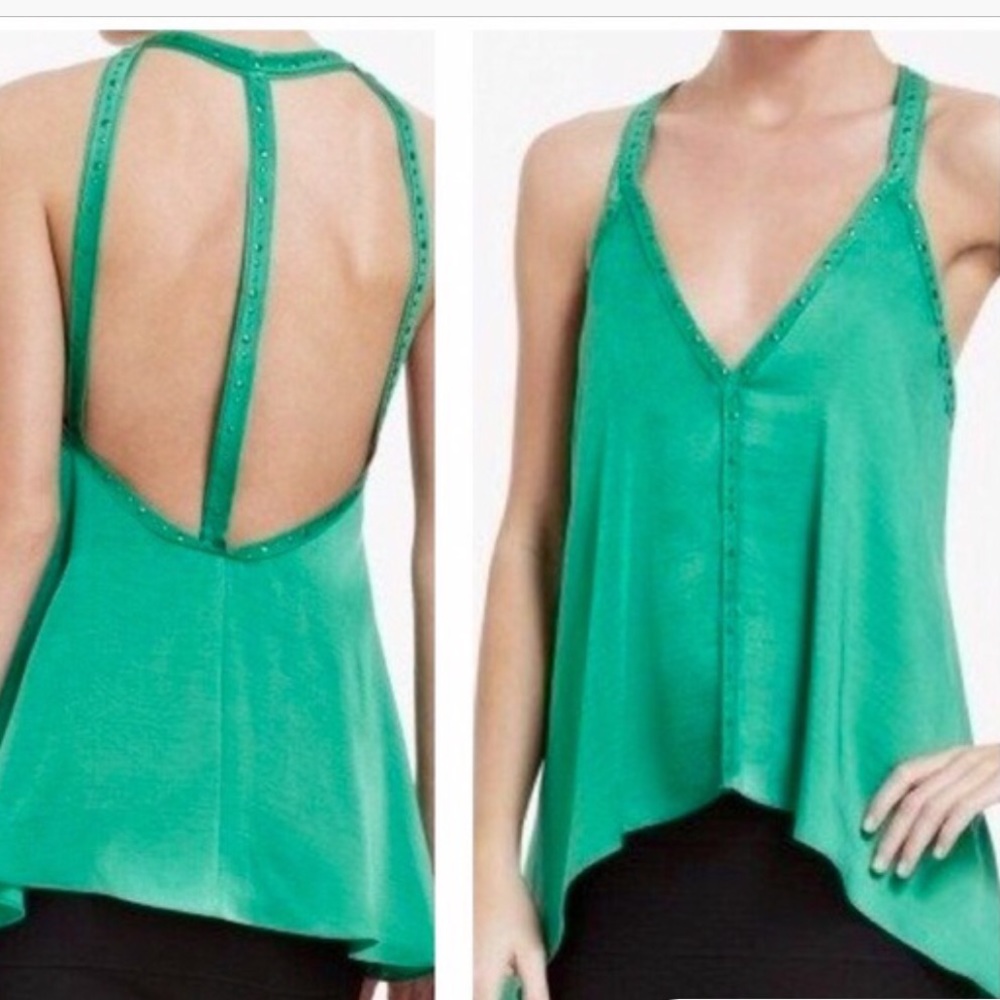 BCBG Blue Silk Tank with Cut Out Back